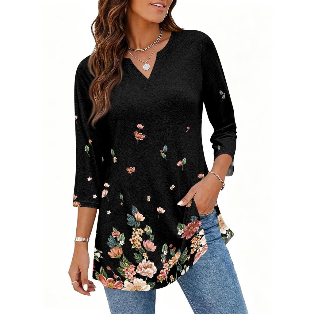 Women's Casual V Neck 3/4 Sleeve Pullover Tunic Top Floral Print Mid Length Loose Fit Blouse for Everyday Wear