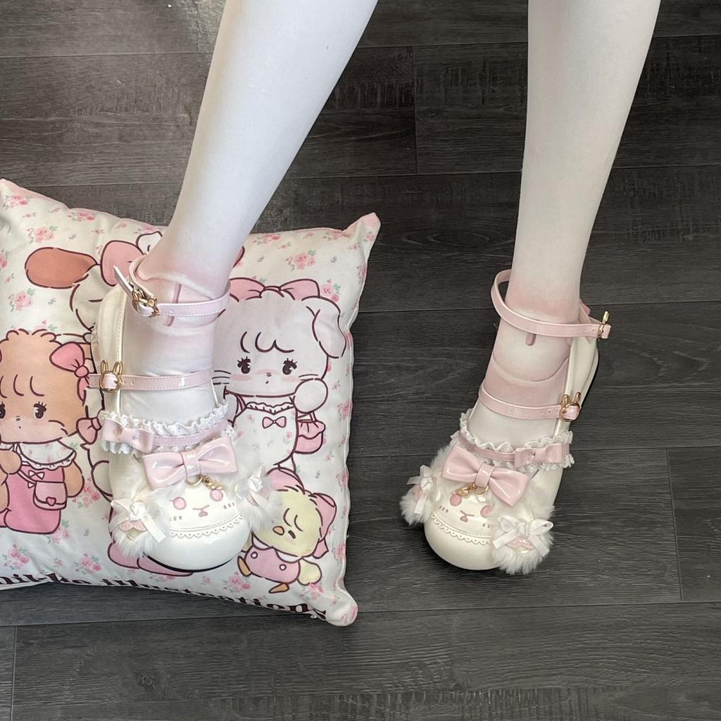 Original söt kanindocka söta lolitaskor låg klack rund tå rosett lolita jk flats