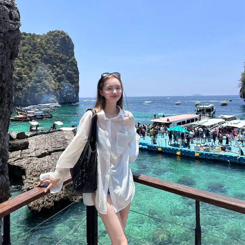 

Микропрозрачная солнцезащитная куртка-рубашка с длинными рукавами для женщин, летний свободный тонкий кардиган средней длины 2XL белый