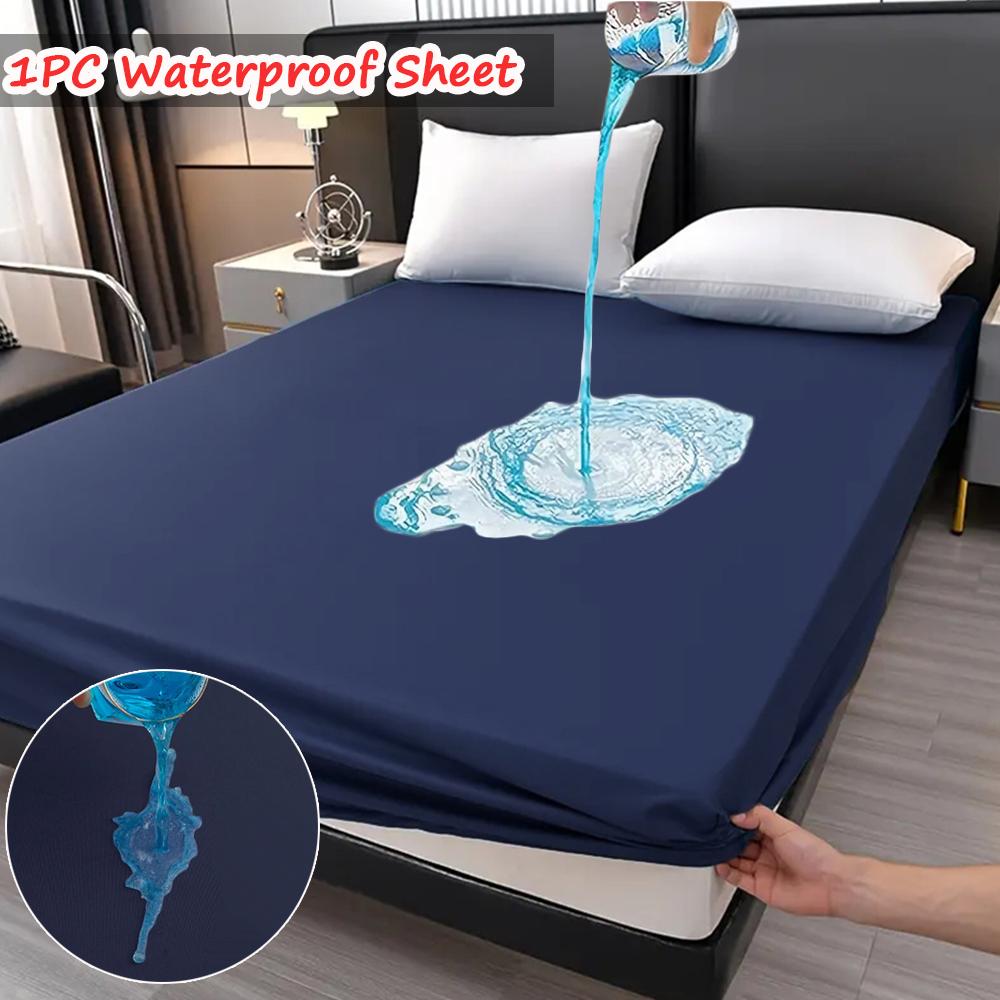 Super Waterproof Fitted Sheet Solid Color Non-Slip Mattress Protector Cover Comfortable Bedding with Elastic Band Deep Pocket
