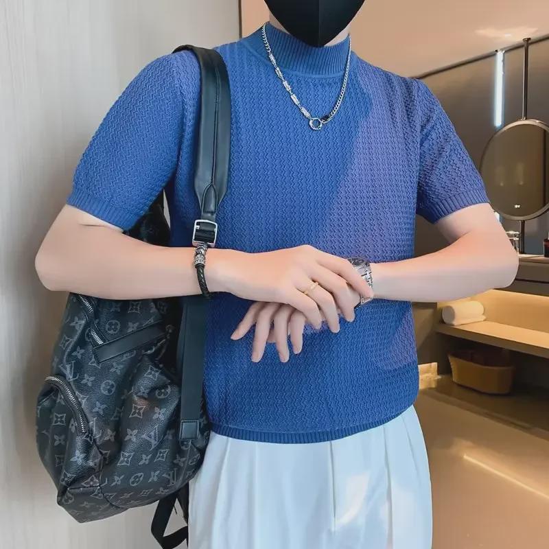 Men's Slim Fit Half Turtleneck Short Sleeve Knit Sweater - Spring/Autumn Solid Color Casual Top