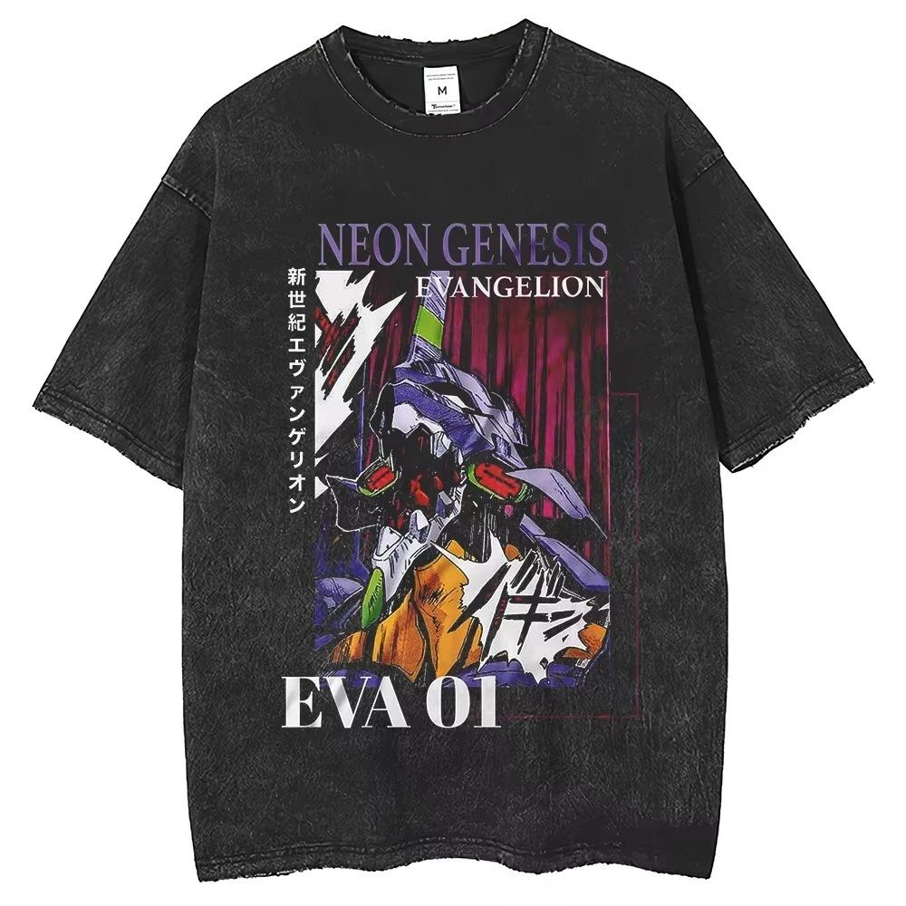 EVA 01 Herren Streetwear T-Shirt Vintage Gewaschen Übergroß Y2K Anime Bedrucktes T-Shirt Damen Harajuku Baumwolle Lässig Kurzarm Kleidung