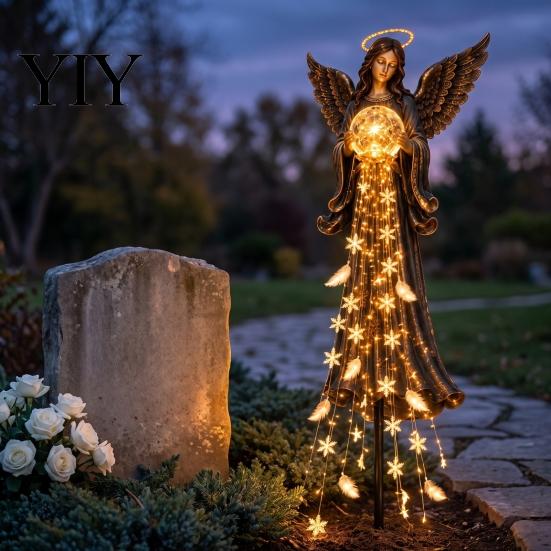 Starlight Tassel Garden Stakes Solar Angel Remembrance Light, LED Blessing Statue with Warm Cascading Outdoor Waterproof Decorative Memorial Decor for