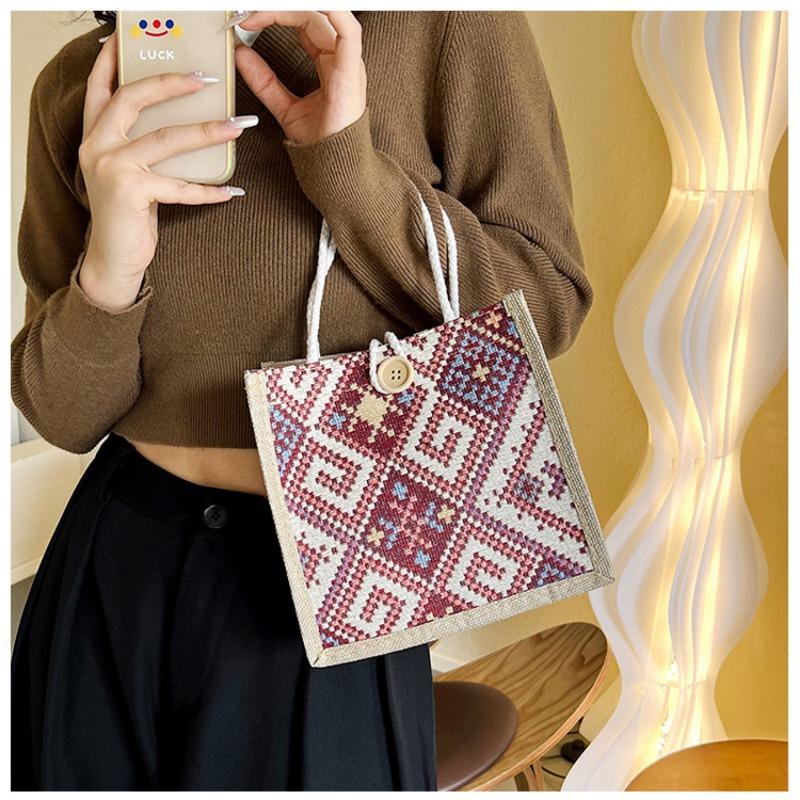 Sac en toile de style ethnique pour femme, mode été, pour emporter une boîte à lunch en lin, sac à bento, sac à main pour maman