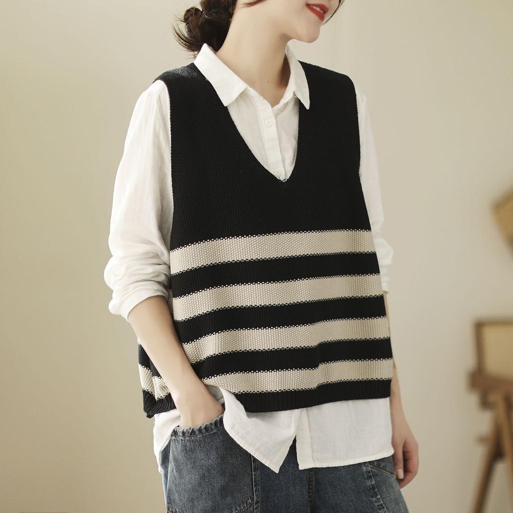 Dámský kardiganová vesta špičkový pruhovaný pletený top volná vesta na podzim a zimu