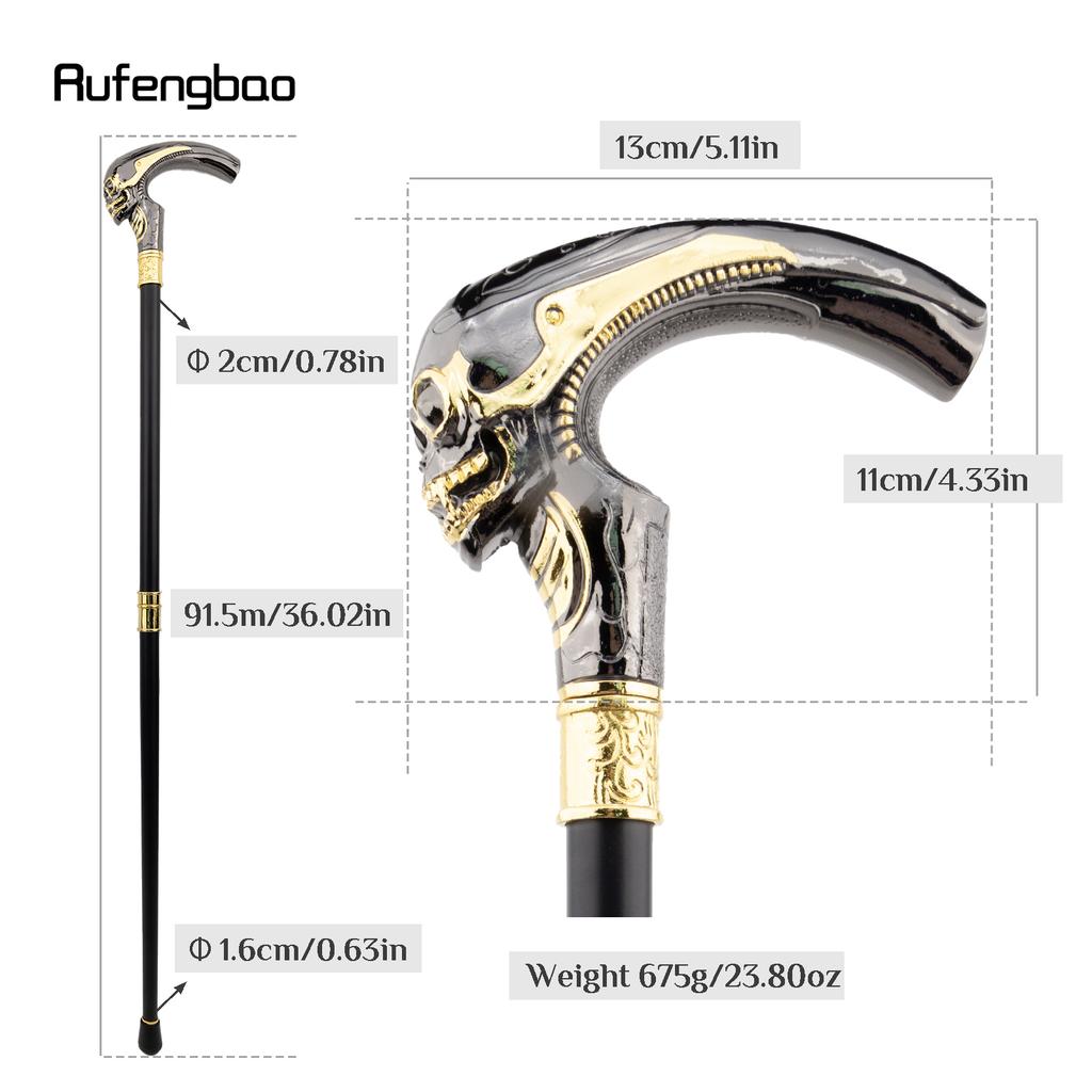 Goldener Schwarzer Langkopf Schädel Mode Gehstock Dekorativ Cospaly Vintage Party Modischer Stock Halloween Krummstab 92cm