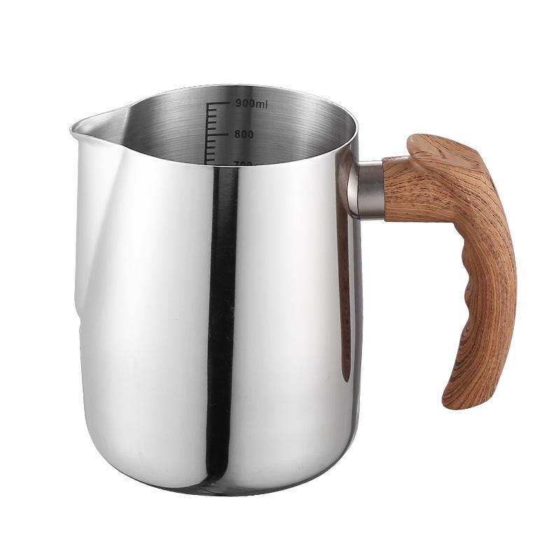 

304 Stainless Steel Latte Art Pitcher with Wood Grain Handle and Measurement Scale - Outdoor Style Milk Frothing Cup 600ml