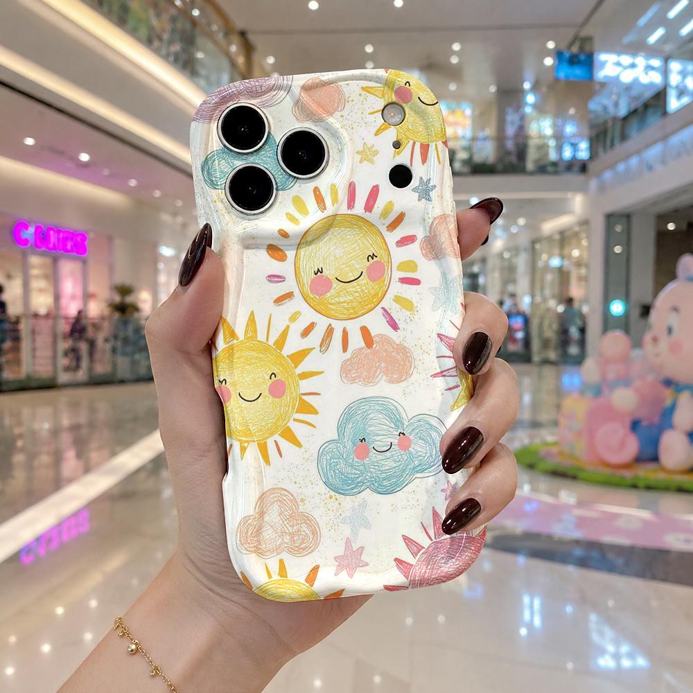 Hand-drawn Smiley Sun Cloud Frame Wavy Edge Phone Case For iPhone 16 15 14 Pro Max 13 12 11 Mini XR XS SE 2020 17 Air Cover Soft TPU