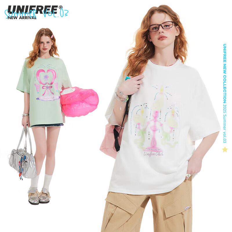 UNIFREE Butterfly Bow Print Loose Short Sleeve T-Shirt M