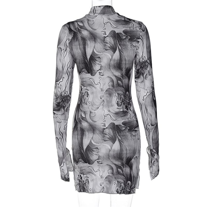 

Fashion Fashion Long Sleeve Print Silm Dress Short Skirt Sexy Print Bodycon Mini Dress Gray XL