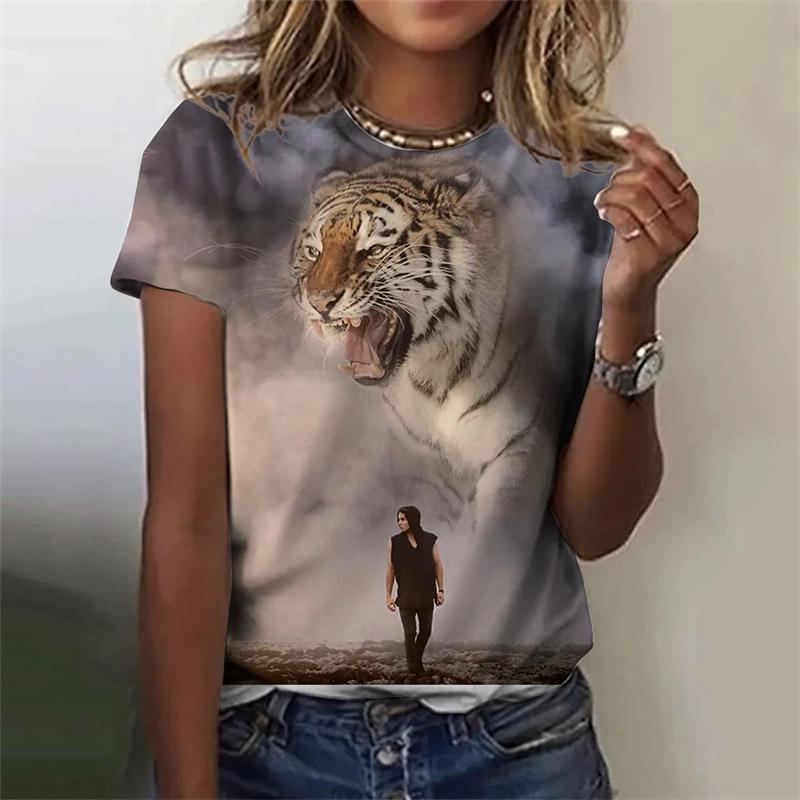 Damen T-Shirt mit Fierce Tiger Grafik 3D Gedruckte T-Shirts Kurzarm Sommer T-Shirts