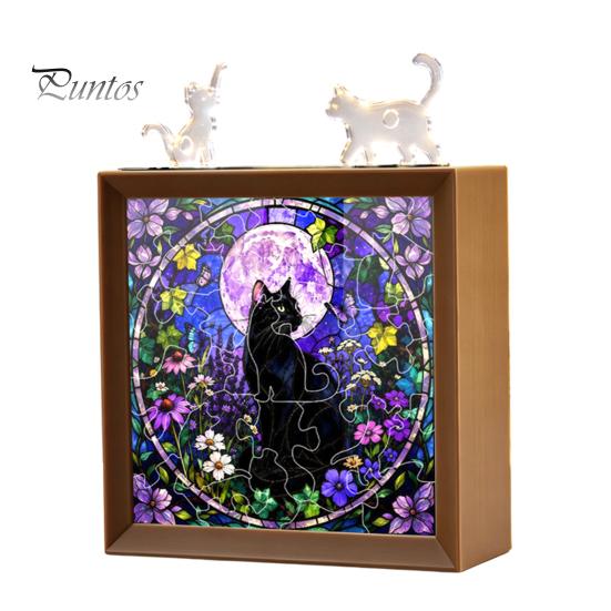 Wooden Photo Frame Base DIY Acrylic Cat Puzzles Night Light, Hand-Assembled Stained Glass Style Jigsaw Lamp with Personalized Handmade Presents Decor,