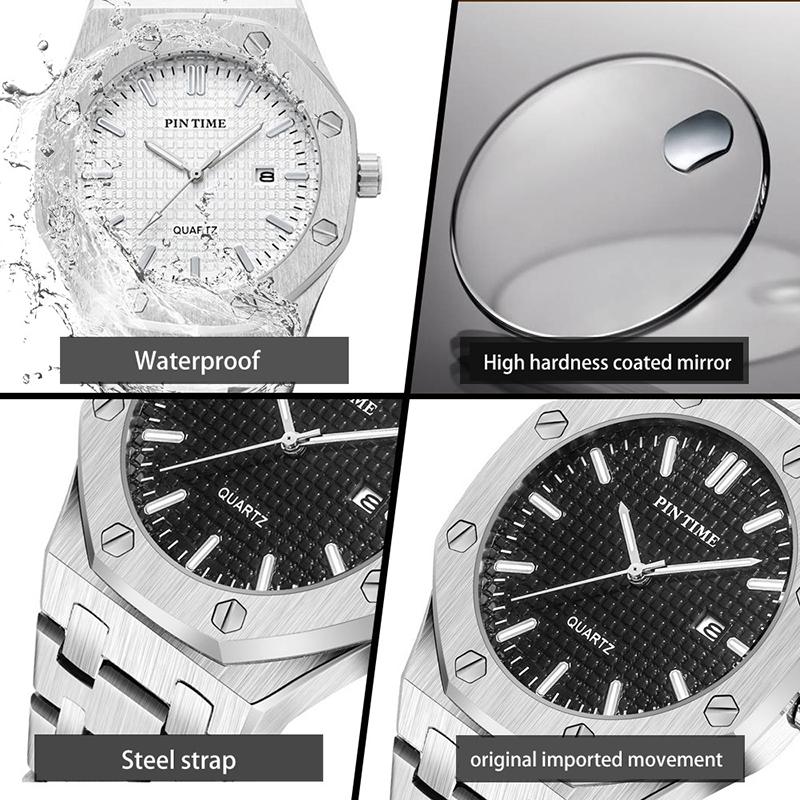 PINTIME Orologi da uomo di lusso automatici con data, impermeabili, luminosi, al quarzo, in acciaio inossidabile, sportivi.
