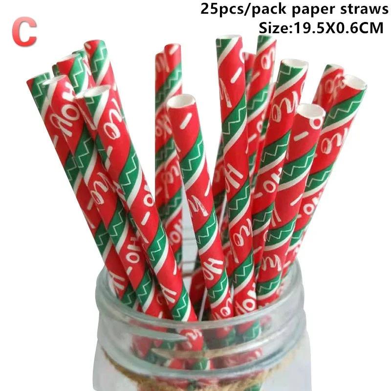 25pcs Disposable Christmas Paper Straws Snowflake Xmas Tree Drinking Straw Merry Christmas Decorations New Year Party Decoration