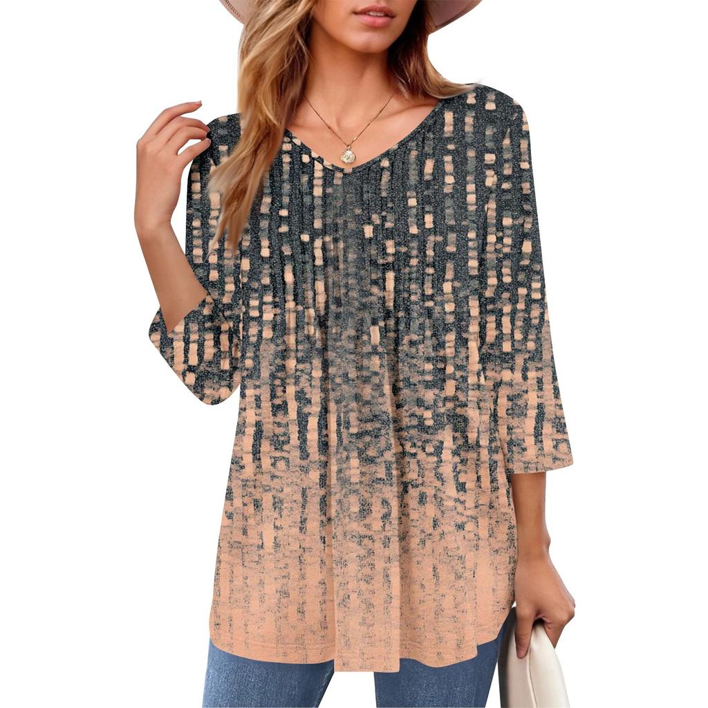 Damen Tops V-Ausschnitt Dreiviertelärmel Gestreift Plissee Casual Sommermode Shirt Tops