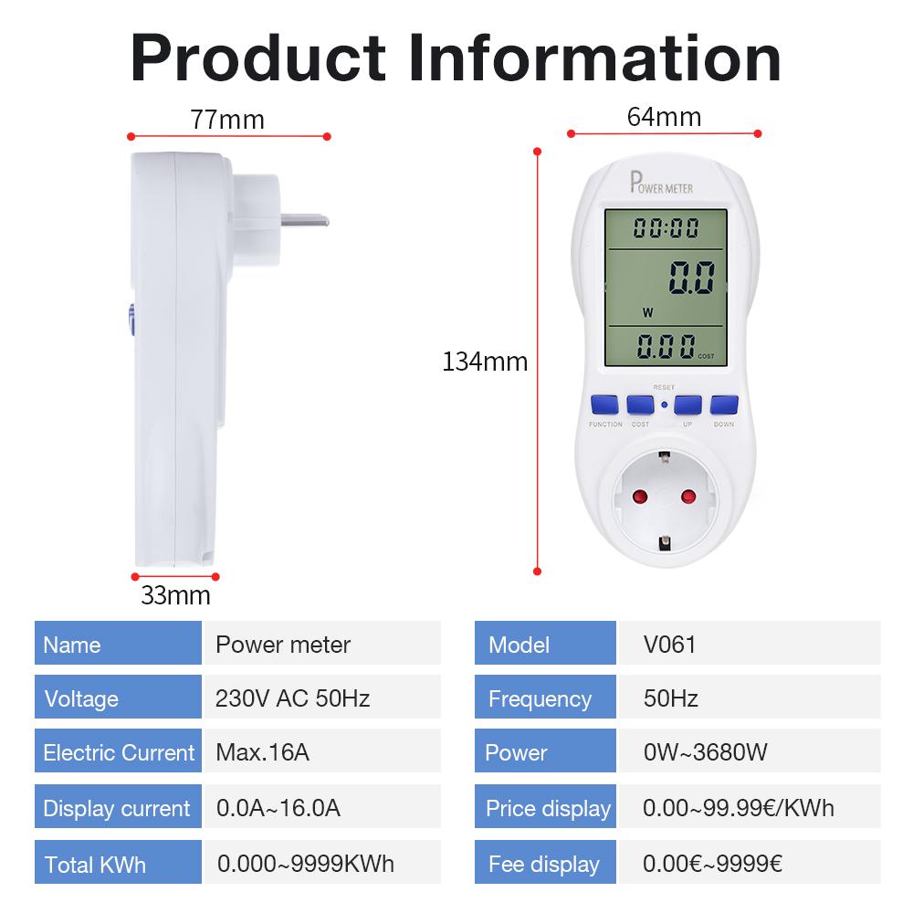 EU Plug Power Consumption Meter Socket Energy Digital Watt Meter AC Current Monitor Wattmeter Electricity Costs Calculate