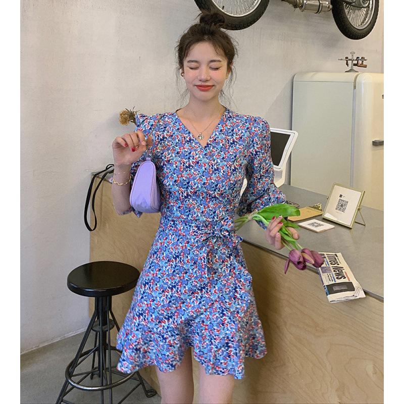 2026 Autumn French Retro Floral Print Long Sleeve Slimming Waist Dress for Women L