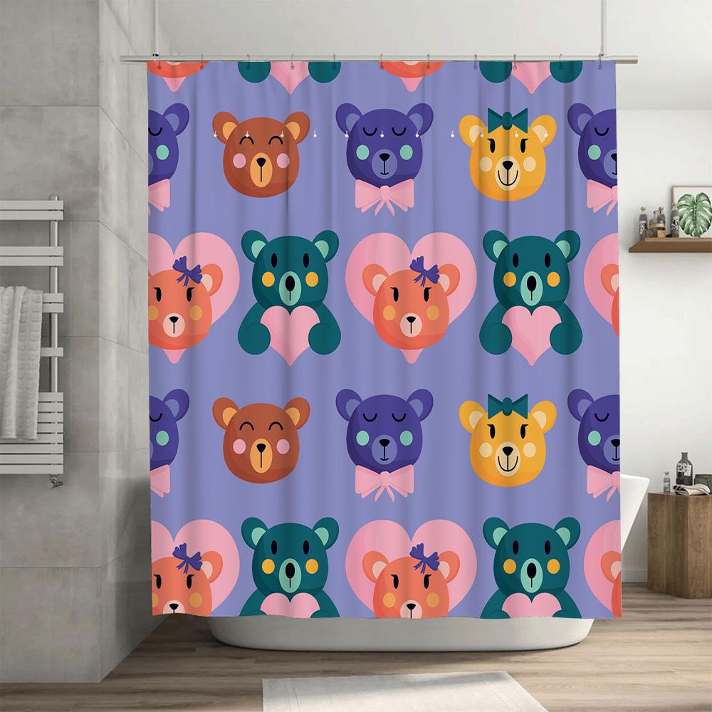 Adorable Bear Pattern Shower Curtain for Bathroom Decor Bright Colors Pink Blue Green Yellow Purple Waterproof Polyester Fabric
