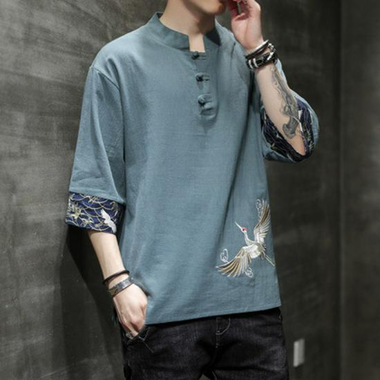 Herren Retro Stil Leinen V-Ausschnitt Besticktes T-Shirt, Lockere Passform, Dreiviertelärmel, Große Größe