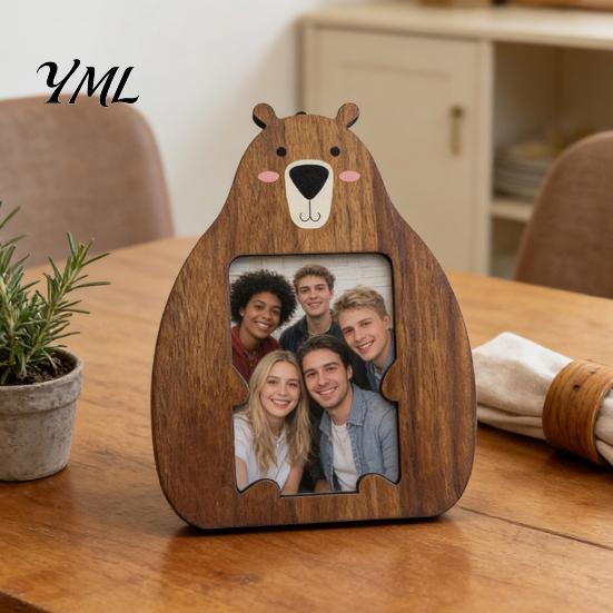 Support Photo de Table en Forme d'Animal Cadre Mignon, Support en Bois Rustique, Cadre Chat pour Bureau Photo Ours Affichage Étagère de Bureau à Domicile Unique Bureau