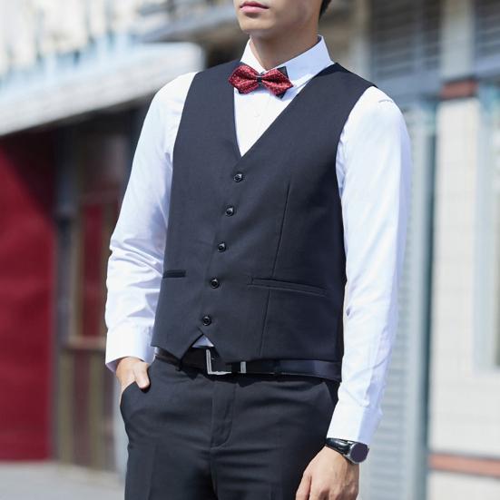 Men Suit Waistcoat V-neck Sleeveless Single Breasted Suit Vest with Pockets Solid Color Ergonomic Tailoring Waistcoat
