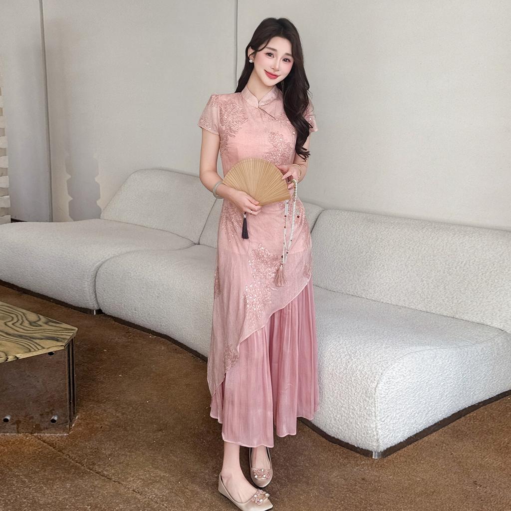 French vintage summer new Chinese slimming improved qipao sweet patchwork pink elegant fake two-piece dress for women