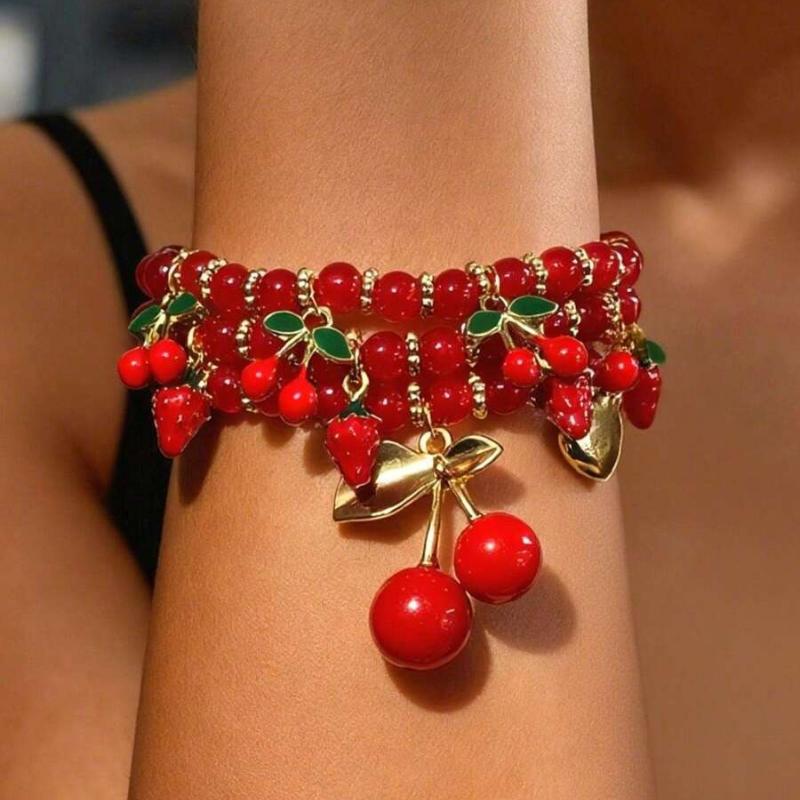4 Pcs Versatile Red ABS Bead & Cherry Drop Oil Pendant Bracelet Set, Suitable For Women's Everyday And Vacation Outfits