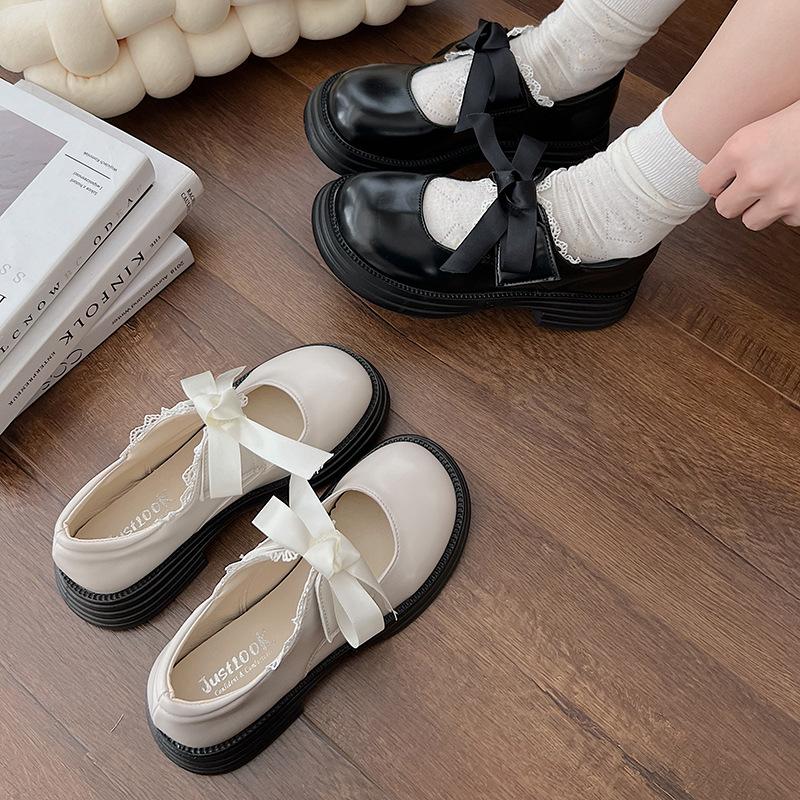 White bow small leather shoes women's summer lace platform Mary Jane round head jk loafers cute light mouth single shoes