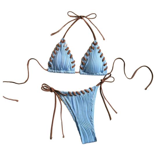 Set Bikini da Donna 2 Pezzi Sexy Patchwork di Colore Plissettato Reggiseno Allacciato al Collo Vita Alta Nuoto