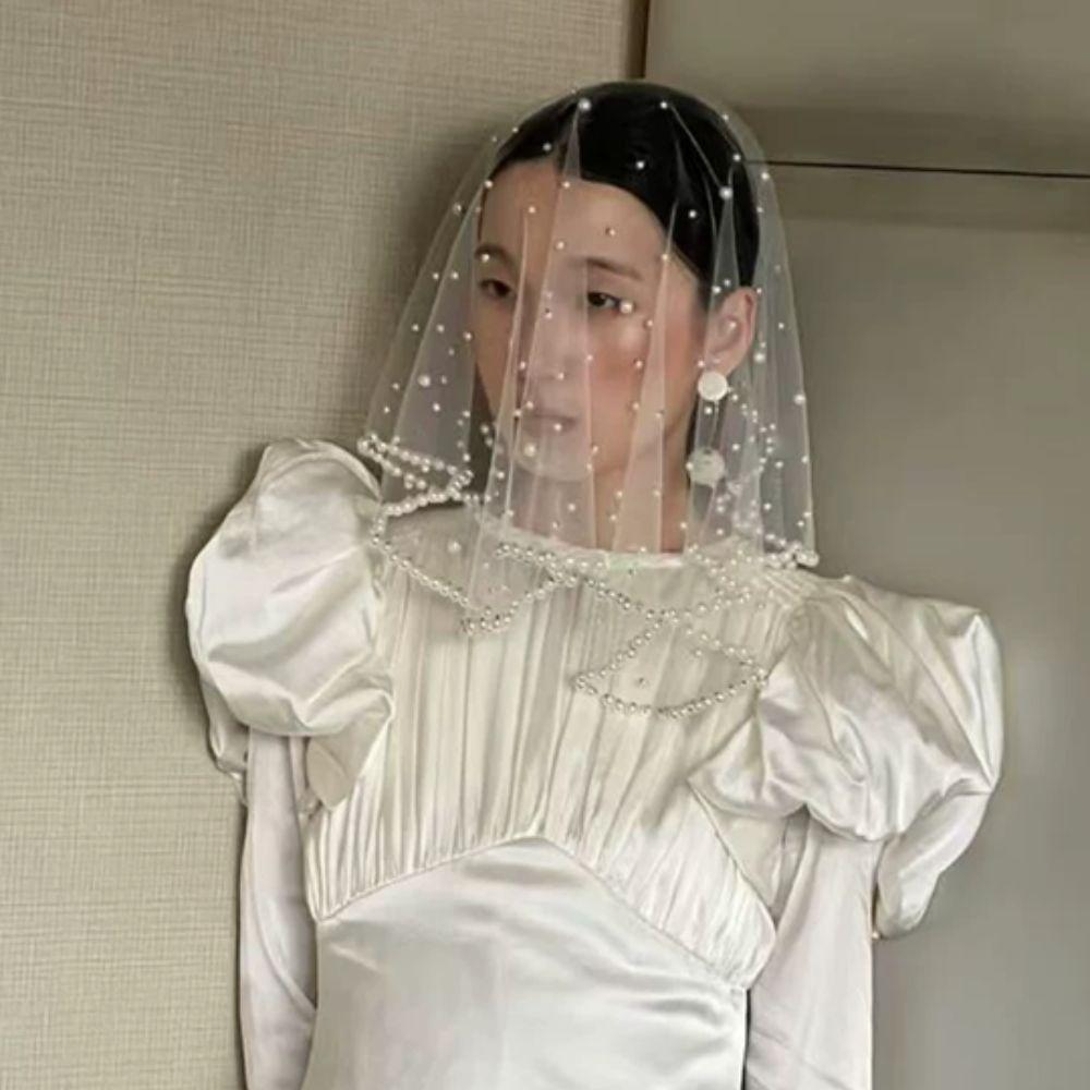 French Wedding Veils Pearls Beads Bride Head Gauze Fashion Brides Veil  Headdress