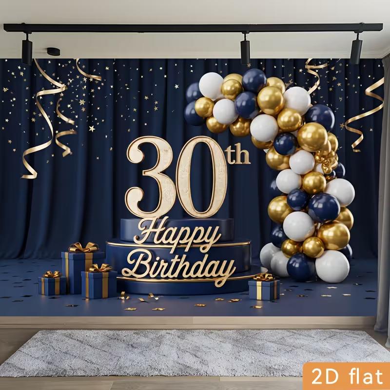 Sfondo 2D Buon 30° Compleanno Tenda Blu Navy Palloncino Oro Decorazione Festa