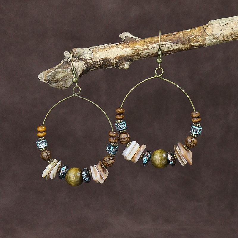 Ethnic Vintage Bohemian Drop Danlge Women's Earrings Bead Wooden Tassel Round Geometric Flower Leaf Long Boho Earrings Zircon