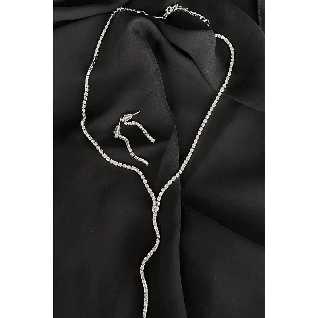 Evening Dress Necklace Earring Set, Wedding Engagement Henna Bridal Set White, Silver