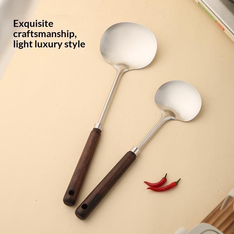 Stainless Steel Cooking Utensil Ergonomic Non-slip Wooden Handle Food Safe Cookware for Home Kitchen Student Dorm Use