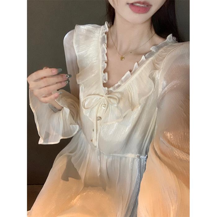 Gentle wind V-neck lace-up long-sleeved dress women s summer new French temperament thin fungus edge little white skirt S
