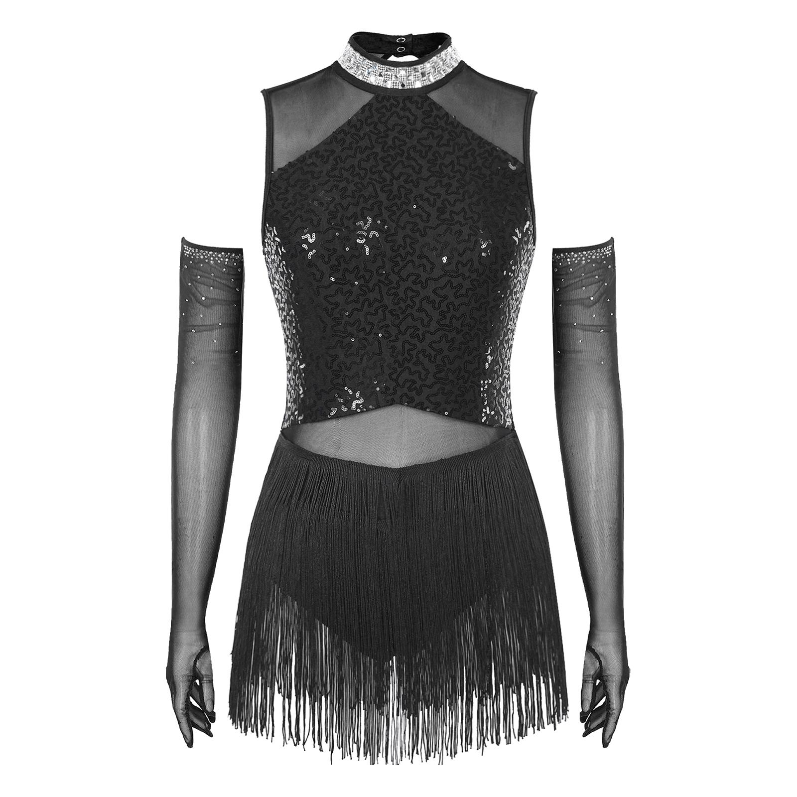 

Жіночий костюм для латиноамериканських танців Блискучий комір зі стразами Сітчаста вставка з бахромою та паєтками Виконавська сукня чорний
