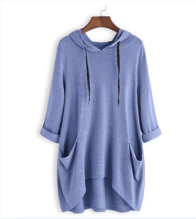Spring Autumn Women's Hooded Solid Color Loose Long T-shirt Irregular Long Sleeve Pocket Pullover Top