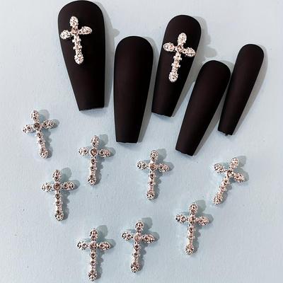 10pcs French Personality 3D Cross Nail Charms with Rhinestone Accents - Bright Silver Design for Women's Acrylic Nails
