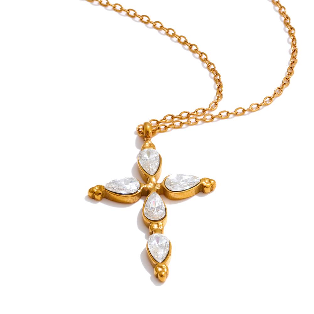 Yhpup Delicate Shiny Cubic Zirconia Cross Necklace Pendant Stainless Steel Temperament Premium Jewelry High Quality
