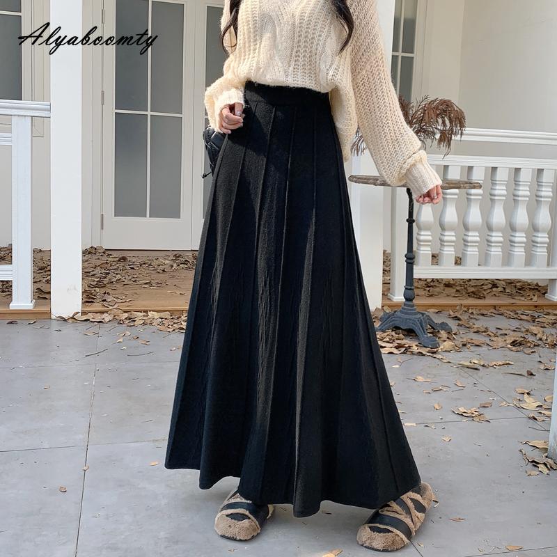 Elegancka Moda Jesień Zima Damska Długa Spódnica Maxi Plisowana Elastyczny Pas Beżowa Czarna Dzianinowa Spódnica Dzianinowa Gruba Ciepła Podstawowa Spódnica Damska