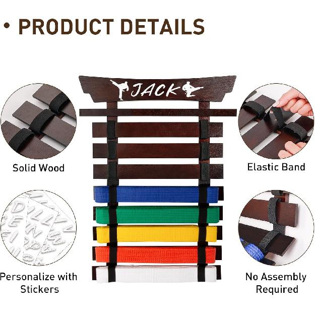 Bamboo/Wood Karate Belt Display Rack, 8 Belt Taekwondo Belt Display with Stickers, Martial Arts Belt Display Holder, Jiu Jitsu BJJ Belt Display