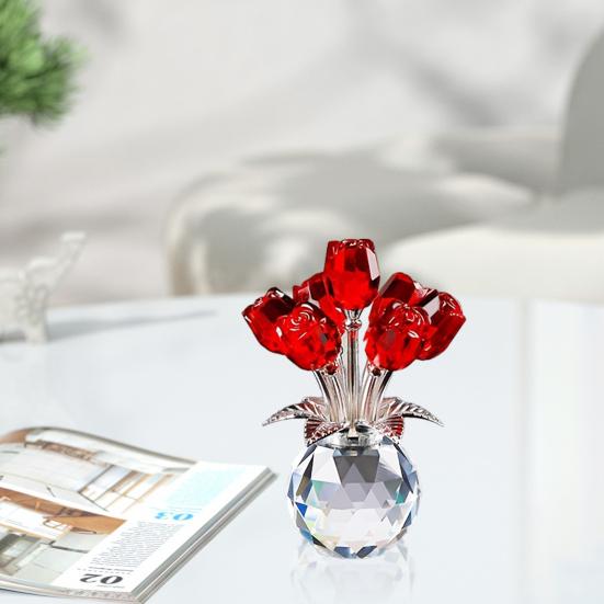 Faux Crystal Rose Flower Ornament Handmade Bouquet Figurine Mini Flower Vase Decoration Wife Girlfriend Women Wedding Anniversary Birthday Gift