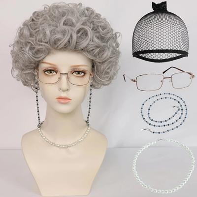1 Brille + 1 Halskette + kurze graue lockige Oma-Kostüm, Cosplay-Perücke für Halloween, Weihnachten, Schule, Erntedankfest