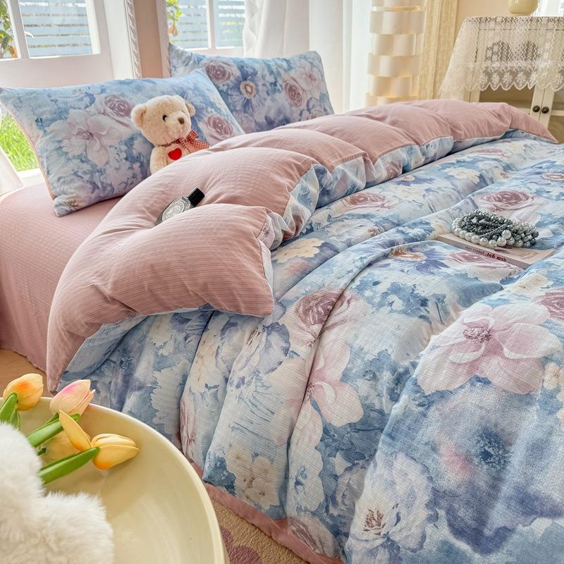Class A maternal and infant grade, jacquard aerobic colored cotton, skin-friendly, comfortable, simple and literary 4pcs set on the bed