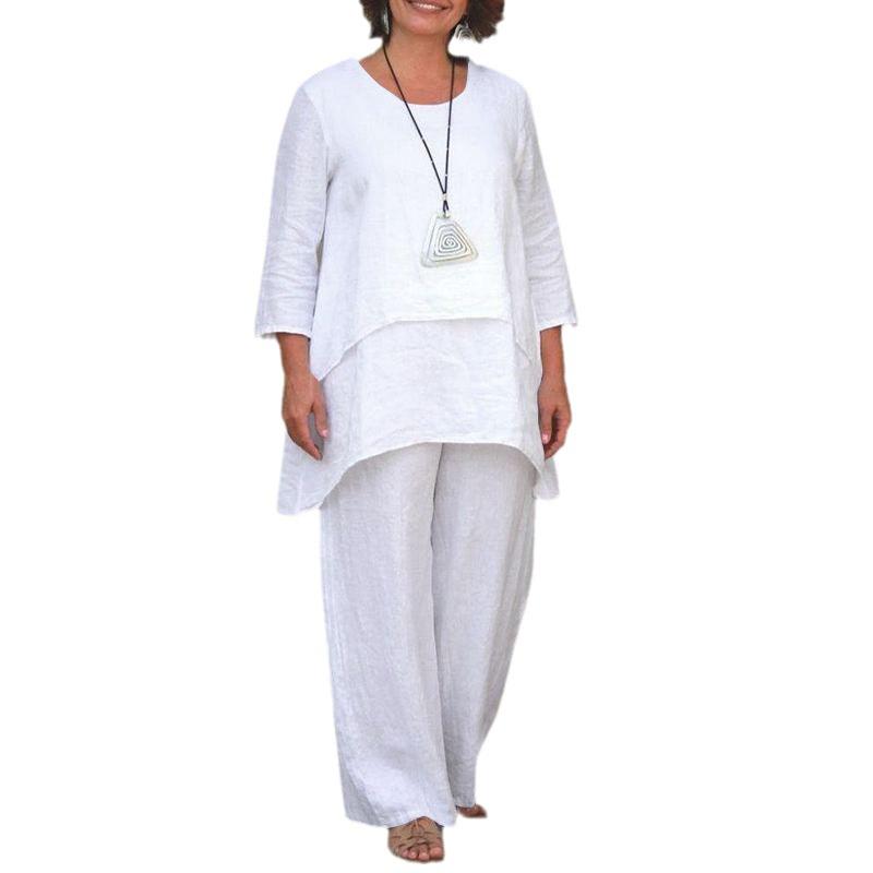 2023 EU & US Women's Cotton Linen Plus Size Casual Irregular Long Sleeve Top & Wide Leg Pants Set