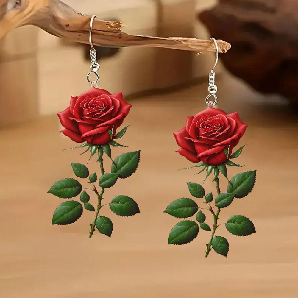Fashion Acrylic 2D Flat Rose Earrings Romantic 2D Flat Rose Forest Flower Earrings Retro Art Style Earrings Jewelry Gifts