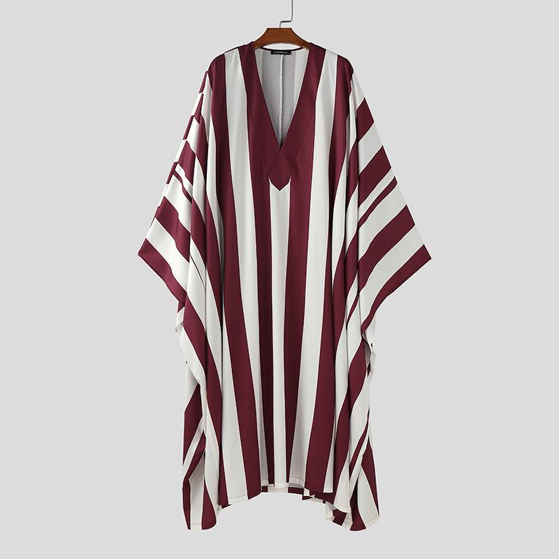 INCERUN Men V Neck Batwing Sleeve Striped Print Irregular Casual Loose Long Dress Robes