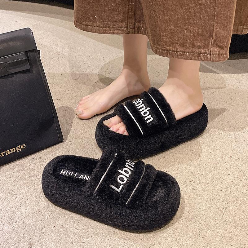 Popular Mao Mao slippers women's autumn and winter wear 2025 new embroidery advanced sense Internet celebrity thick bottom plush cotton slippers