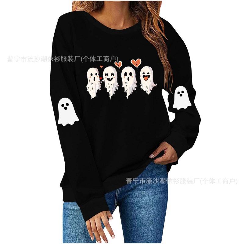 Womens Halloween Sweatshirt Cute Ghost Print Long Sleeve Pullover Casual Top
