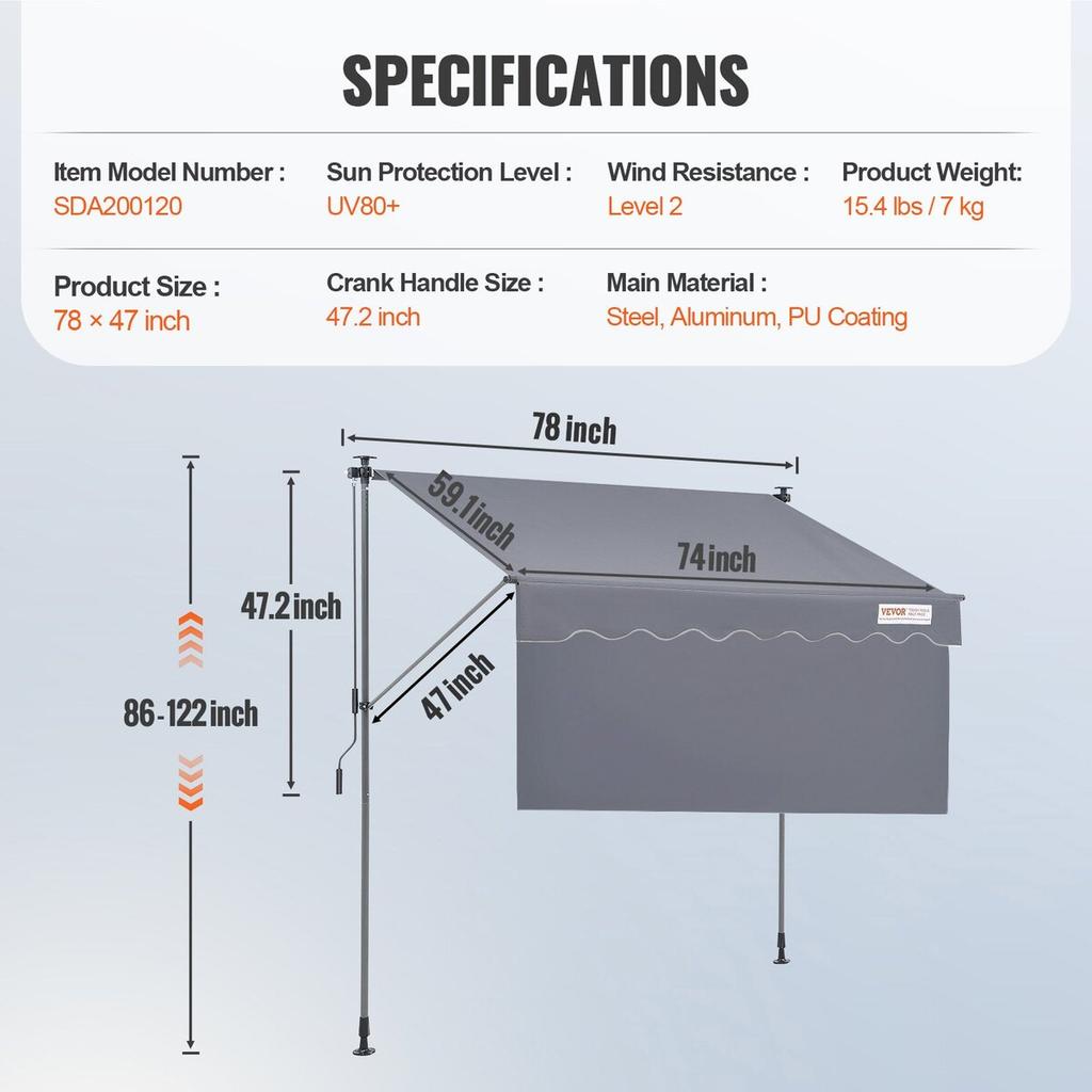 Manual Retractable Awning, 78" Outdoor Retractable Patio Awning Sunshade Shelter, Adjustable Patio Door Window Awning Canopy with 39" Sun Shade